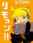  *_* ahoge blonde_hair blue_eyes chibi headphones kagamine_len male multicolored_eyes musical_note orange_background ponytail project_diva project_diva_f remote_control rimocon_(vocaloid) short_hair smile solo star vocaloid wink yellow_eyes 