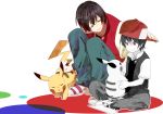 age_difference backwards_hat baseball_cap black_hair dual_persona hat hat_removed headwear_removed light_smile male multiple_boys partially_colored pikachu pokemon pokemon_(creature) pokemon_(game) pokemon_gsc pokemon_rgby red_(pokemon) red_(pokemon)_(classic) red_eyes shuri_(84k) simple_background sitting smile time_paradox young 