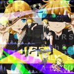  ahoge blond_hair blonde_hair blue_eyes boots chair chibi earphones female hairclip headphones jacket kagamine_len kagamine_rin male necktie ponytail project_diva project_diva_f remote_control rimocon_(vocaloid) short_hair smile suit teeth tongue twins vocaloid 