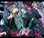  blue_eyes blue_hair cable checkerboard de detached_sleeves flower hatsune_miku headphones highres megaphone nail_polish necktie panties skirt striped_panties thigh_highs tongue twintails vocaloid 