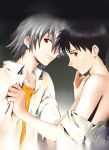  bare_shoulders black_hair brown_eyes grey_hair ikari_shinji magari_kouji male multiple_boys nagisa_kaworu neon_genesis_evangelion official_style open_clothes open_shirt red_eyes shirt wet yaoi 