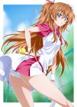  arched_back ass ball blue_eyes brown_hair fence houjou_hibiki long_hair nakahira_guy panties precure skirt skirt_lift solo suite_precure tennis_ball twintails underwear wind_lift wristband 