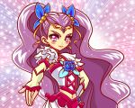  blue_rose blush earrings flower gloves hair_ornament hair_ribbon hairpin hand_on_hip hips jewelry long_hair magical_girl milky_rose mimino_kurumi navel omochi100ko outstretched_arm outstretched_hand pink_eyes precure purple_hair ribbon rose skirt smile solo tiara yes!_precure_5 