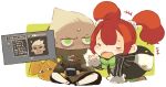  blush chibi classic_dungeon closed_eyes coat creature eyes_closed green_eyes hair_bobbles hair_ornament mota open_mouth playing_games playstation_portable psp red_hair redhead sweat tears twintails 