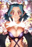  breasts cleavage copyright_request demon_girl demon_wings fangs glowing glowing_hand green_hair grin horns large_breasts navel pointy_ears reaching red_eyes short_hair smile solo ueyama_michirou wings 