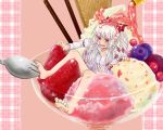  ameya_nihachi barefoot bow feet food fujiwara_no_mokou girl_in_food hair_bow hair_ribbon ice_cream in_food long_hair minigirl navel red_eyes ribbon solo spork touhou very_long_hair white_hair 