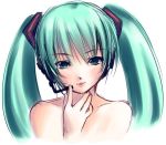  aqua_eyes aqua_hair bad_id bare_shoulders face hands hatsune_miku headset lips looking_at_viewer simple_background smile solo takesinobu twintails vocaloid 