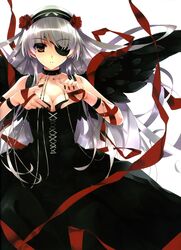  black_wings breasts cleavage copyright_request corset dress eyepatch fingernails flower hairband highres long_hair misaki_kurehito nail_polish ribbon silver_hair simple_background solo very_long_hair wings wristband 