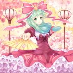  cherry_blossoms fan frills greave_(artist) green_eyes green_hair hair_ribbon kagiyama_hina outstretched_arms red_hair redhead ribbon smile solo touhou 