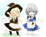  asaki blue_eyes blush cat chibi closed_eyes eyes_closed hand_to_mouth hat izayoi_sakuya kirisame_marisa maid maid_headdress multiple_girls ogawa_maiko open_mouth smile touhou waving 