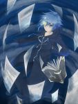  blue_eyes blue_hair book byouna cloak gloves hair_over_one_eye highres kingdom_hearts male pages solo zexion 