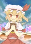  blonde_hair blush book bunchou_(bunchou3103) dress fang flandre_scarlet hands_on_chest hands_on_own_chest hands_to_chest hat highres lake midriff mountain red_dress red_eyes reflection side_ponytail sky slit_pupils smile solo star_(sky) the_embodiment_of_scarlet_devil touhou vampire wings 