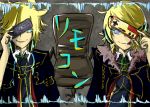  +_+ -_- ahoge blond_hair blonde_hair blue_eyes chair earphones female fur_collar glowing_eyes headphones kagamine_len kagamine_rin male multicolored_eyes necktie remote_control rimocon_(vocaloid) short_hair smile suit tongue twins vocaloid yellow_eyes 