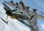  3d aerial_battle airplane b-17 battle bf_109 bomber contrail damaged flying gun messer military sky smoke smoking weapon wwii 