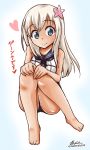  1girl bare_legs barefoot blue_eyes dark_skin flower flower_on_head kantai_collection long_hair looking_at_viewer ro-500_(kantai_collection) school_swimsuit school_uniform serafuku silver_hair sitting smile solo swimsuit swimsuit_under_clothes translation_request u-511_(kantai_collection) yamato_nadeshiko 
