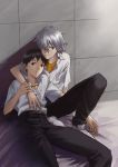  arm_around_neck arm_around_shoulders black_hair brown_eyes grey_hair ikari_shinji magari_kouji multiple_boys nagisa_kaworu neon_genesis_evangelion smile yaoi 