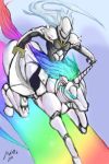  armor blazblue glowing_eyes hakumen highres horn long_hair manly multicolored_hair rainbow robot robot_unicorn_attack silver_hair source_request sword unicorn weapon 