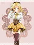 arm_behind_back beret blonde_hair blush boots corset crossed_legs_(standing) detached_sleeves drill_hair fingerless_gloves gloves hat ichii_asa kubyou_azami magical_girl mahou_shoujo_madoka_magica puffy_sleeves smile solo thigh-highs thighhighs tomoe_mami yellow_eyes zettai_ryouiki 