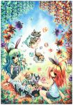  2girls animal_ears bubble bunny_ears cat emperpep flower green_hair multiple_girls orange_hair 