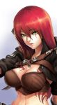  1girl absurdres breasts cleavage green_eyes highres katarina_du_couteau league_of_legends long_hair midriff navel oz_(gerbera7) redhead scar solo 