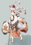  animal_ears detached_sleeves from_behind geta hat highres inubashiri_momiji no_socks red_eyes sandals scabbard sheath shield short_hair sil silver_hair solo standing sword tail takashiru tokin_hat touhou weapon wolf_ears wolf_tail 