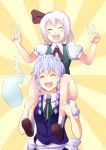  2girls blush braid closed_eyes comic dress ghost greave_(artist) green_dress hair_ribbon izayoi_sakuya konpaku_youmu maid maid_headdress multiple_girls ribbon silver_hair smile touhou twin_braids victory_pose 