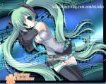  detached_sleeves green_eyes green_hair hatsune_miku headset jie_yu long_hair musical_note necktie skirt solo thigh-highs thighhighs twintails very_long_hair vocaloid 