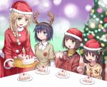  4girls amputee antlers cake christmas food hat multiple_girls original reindeer_antlers santa_costume santa_hat yuyuzuki_(yume_usagi) 