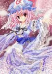  absurdres bad_id cherry_blossoms flower ghost hat highres japanese_clothes petals pink_eyes pink_hair saigyouji_yuyuko shoukichi solo touhou traditional_media 