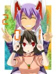  absurdres carrot closed_eyes eyes_closed grin hair_ornament hairclip highres inaba_tewi jewelry multiple_girls necklace open_mouth qqwwssaazzxxx reisen_udongein_inaba smile teeth touhou wristband 