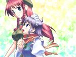  blue_eyes braid bust fumotono_mikoto hat height_difference hong_meiling izayoi_sakuya long_hair maid maid_headdress multiple_girls red_hair redhead scarf short_hair silver_hair size_difference touhou twin_braids young 