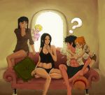  3girls ? abs angry anime bare_shoulders black_hair blonde_hair blush boa_hancock breasts cleavage couch crack denim denim_shorts hair_over_one_eye harem hat hug large_breasts looking_back midriff monkey_d_luffy multiple_boys multiple_girls nami navel nico_robin one_piece open_clothes open_mouth open_shirt orange_hair pillow pimp ponytail sanji scar shirt shorts star straw_hat tank_top tattoo 
