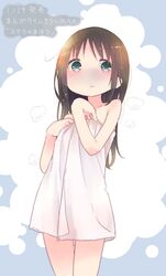  1girl black_hair blush green_eyes highres kuroba_u long_hair naked_towel original standing towel 