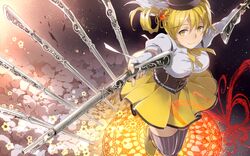  beret blonde_hair corset detached_sleeves drill_hair dual_wielding firelock flower from_above gun hat highres magical_girl magical_musket mahou_shoujo_madoka_magica musket outstretched_arms puffy_sleeves rifle ryou_(kimagure) smile solo spread_arms thigh-highs thighhighs tomoe_mami vertical-striped_legwear vertical_stripes weapon yellow_eyes zettai_ryouiki 