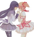  akemi_homura black_hair blush bubble_skirt closed_eyes comforting eyes_closed face-to-face face_to_face hairband hand_holding holding_hands kaname_madoka long_hair magical_girl mahou_shoujo_madoka_magica multiple_girls pantyhose pink_eyes pink_hair profile short_hair simple_background tears twintails yomogi_(kadentu22) 