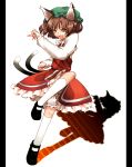  animal_ears binary bloomers brown_hair cat_ears cat_tail chen earrings fingernails hat highres jewelry long_fingernails miranko multiple_tails short_hair solo tail touhou 