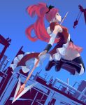  ado_(adonki) bare_shoulders black_legwear black_thighhighs boots detached_sleeves dutch_angle highres jumping mahou_shoujo_madoka_magica mouth_hold pocky polearm ponytail profile red_eyes red_hair redhead sakura_kyouko solo spear thigh-highs thighhighs weapon 