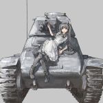  armã£â©edeterre armã©edeterre black_legwear black_pantyhose boots caterpillar_tracks frills grin h39 hogeo long_hair maid military military_vehicle original pantyhose pigeon-toed pigeon_toed simple_background smile solo tank twintails vehicle 