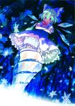  1girl :&gt; arms_crossed blue_eyes blue_hair bow cirno crossed_arms drill hair_bow highres ice looking_down short_hair smile snowflakes solo sora_tokumo touhou wings 