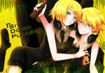  +_+ blond_hair blonde_hair blue_eyes boots dress earphones female hairclip headphones kagamine_len kagamine_rin male multicolored_eyes necktie ponytail remote_control rimocon_(vocaloid) short_hair shorts smile squadra suit teeth tongue twins vocaloid yellow_eyes 