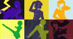  hanamura_yousuke headphones highres houndstooth ipod_ad kicking moriririnn narukami_yuu persona persona_4 satonaka_chie seta_souji shirogane_naoto silhouette tatsumi_kanji 