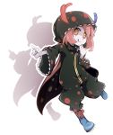  :q blue_eyes boots cape charlotte_(madoka_magica) drpow finger_to_mouth hood hoodie mahou_shoujo_madoka_magica multicolored_eyes personification pink_hair pointing red_eyes shadow short_hair solo tom_(drpow) tongue yellow_eyes zipper 