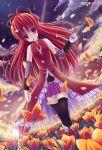  absurdres bare_shoulders black_legwear black_thighhighs boots crushing detached_sleeves dutch_angle flower flower_field glowing highres long_hair mahou_shoujo_madoka_magica mouth_hold petals pocky polearm ponytail red_eyes red_hair redhead sakura_kyouko shimokirin solo soul_gem spear thigh-highs thighhighs weapon zettai_ryouiki 
