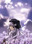  boku_to_kanojo_ni_furu_yoru character_request cloud clouds flower hat highres iris_maria_herbust looking_back misaki_kurehito silver_hair sky solo tears 