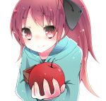  apple bad_id blush bust face food fruit giving holding holding_apple holding_fruit hoodie long_hair mahou_shoujo_madoka_magica ponytail red_hair redhead sakura_kyouko smile solo suruga_riu 