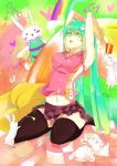  arms_up bracelet bunny gift green_eyes green_hair hatsune_miku holding holding_gift jewelry long_hair navel open_mouth rabbit seiza sitting skirt thigh-highs thighhighs tic-tac-toe twintails very_long_hair vocaloid 