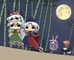  animal_ears ascot bamboo bamboo_forest black_hair bow bunny_ears carrying chibi dragging dress everyone ex-keine forest fujiwara_no_mokou full_moon hair_bow hat headstand horn horns houraisan_kaguya inaba_tewi kamishirasawa_keine kurokoori long_hair moon multiple_girls nature necktie nurse_cap o_o outdoors pleated_skirt purple_hair reisen_udongein_inaba silver_hair skirt solid_circle_eyes touhou translation_request upside-down very_long_hair white_hair wide_face yagokoro_eirin 