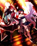  apple blood cape detached_sleeves dutch_angle food fruit gradient_hair highres legs long_hair magical_girl mahou_shoujo_madoka_magica miki_sayaka multicolored_hair multiple_girls nako_(nonrain) polearm sakura_kyouko short_hair spear stained_glass sword thighhighs weapon zettai_ryouiki 