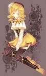  bad_id beret blonde_hair boots corset detached_sleeves drill_hair fingerless_gloves gloves hat highres magical_girl mahou_shoujo_madoka_magica puffy_sleeves sitting smile solo somiko thigh-highs thighhighs tomoe_mami yellow_eyes zettai_ryouiki 