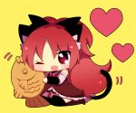  animal_ears blush boots bow cat_ears cat_tail cheek_press cheek_rub chibi fang food hair_bow heart kemonomimi_mode long_hair mahou_shoujo_madoka_magica nasa_yu ponytail red_eyes red_hair redhead sakura_kyouko seiza sitting skirt solo tail taiyaki thigh-highs thighhighs very_long_hair wagashi wink 